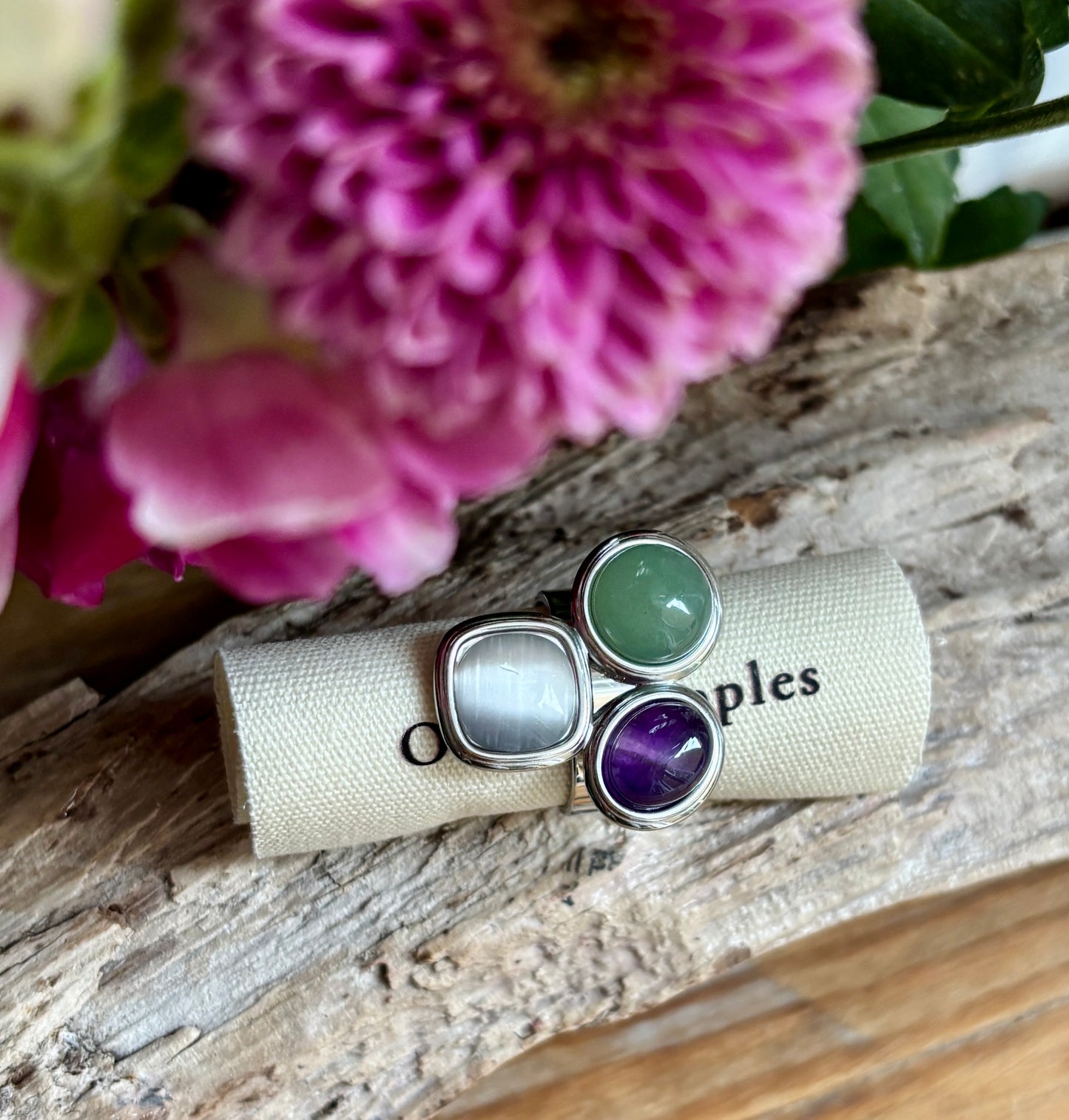 Adjustable Silver Triple Natural Stone Ring   