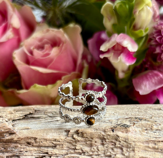 Adjustable Silver Tiger's Eye Triple Band Ring