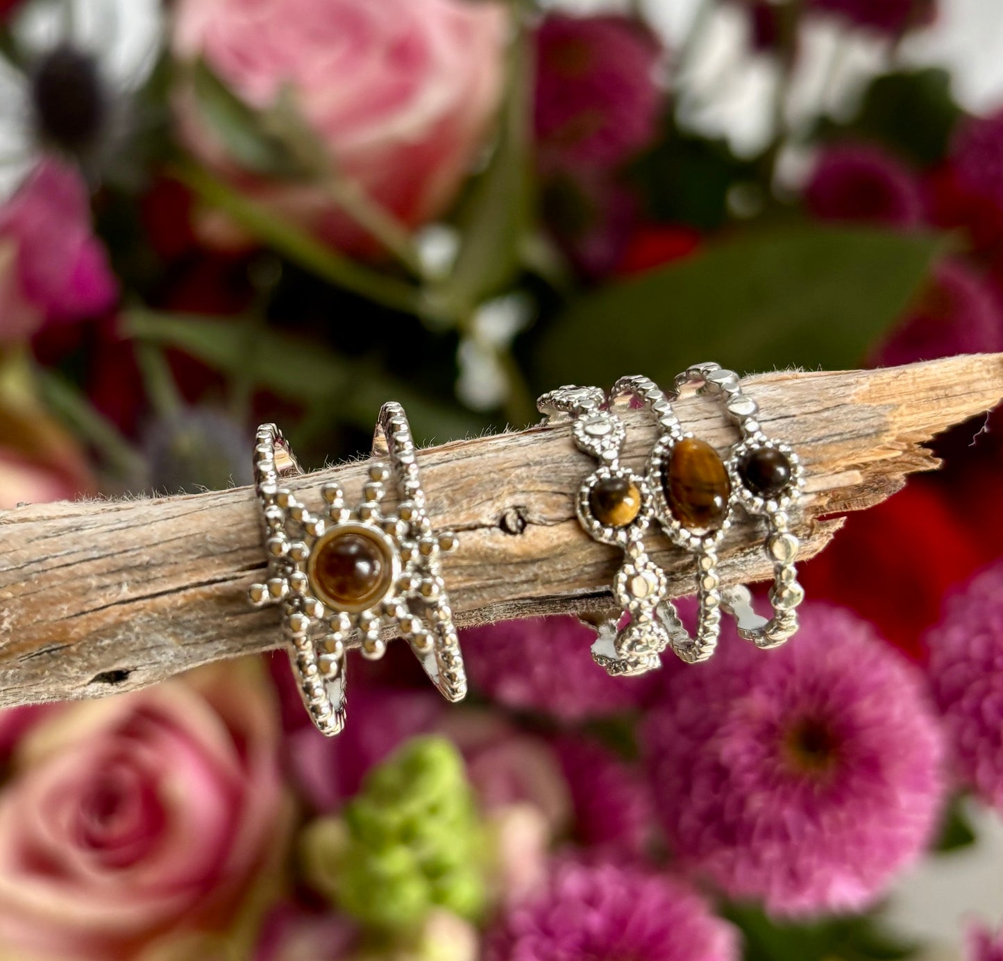 Adjustable Silver Tiger's Eye Triple Band Ring