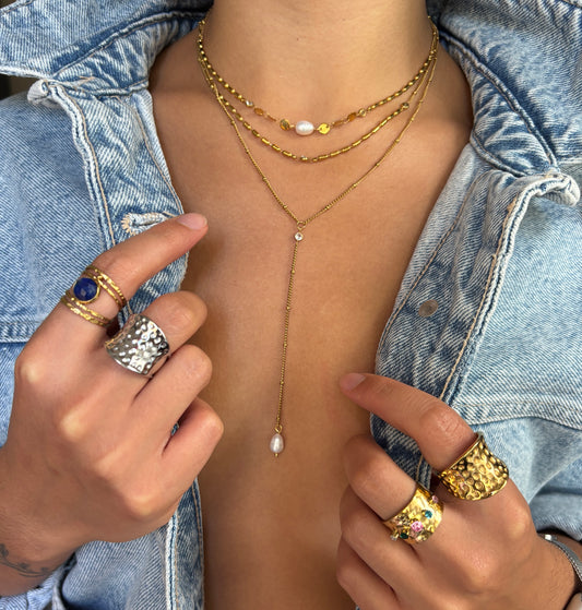 18ct Gold Plated Fresh Water Pearl Triple Chain Necklace