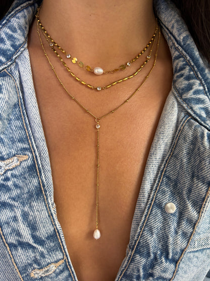 18ct Gold Plated Fresh Water Pearl Triple Chain Necklace
