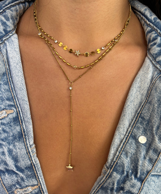 18ct Gold Plated Cubic Zirconia Triple Chain Necklace