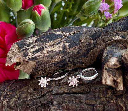 925 Sterling Silver Star Burst Drop Huggie Earrings 