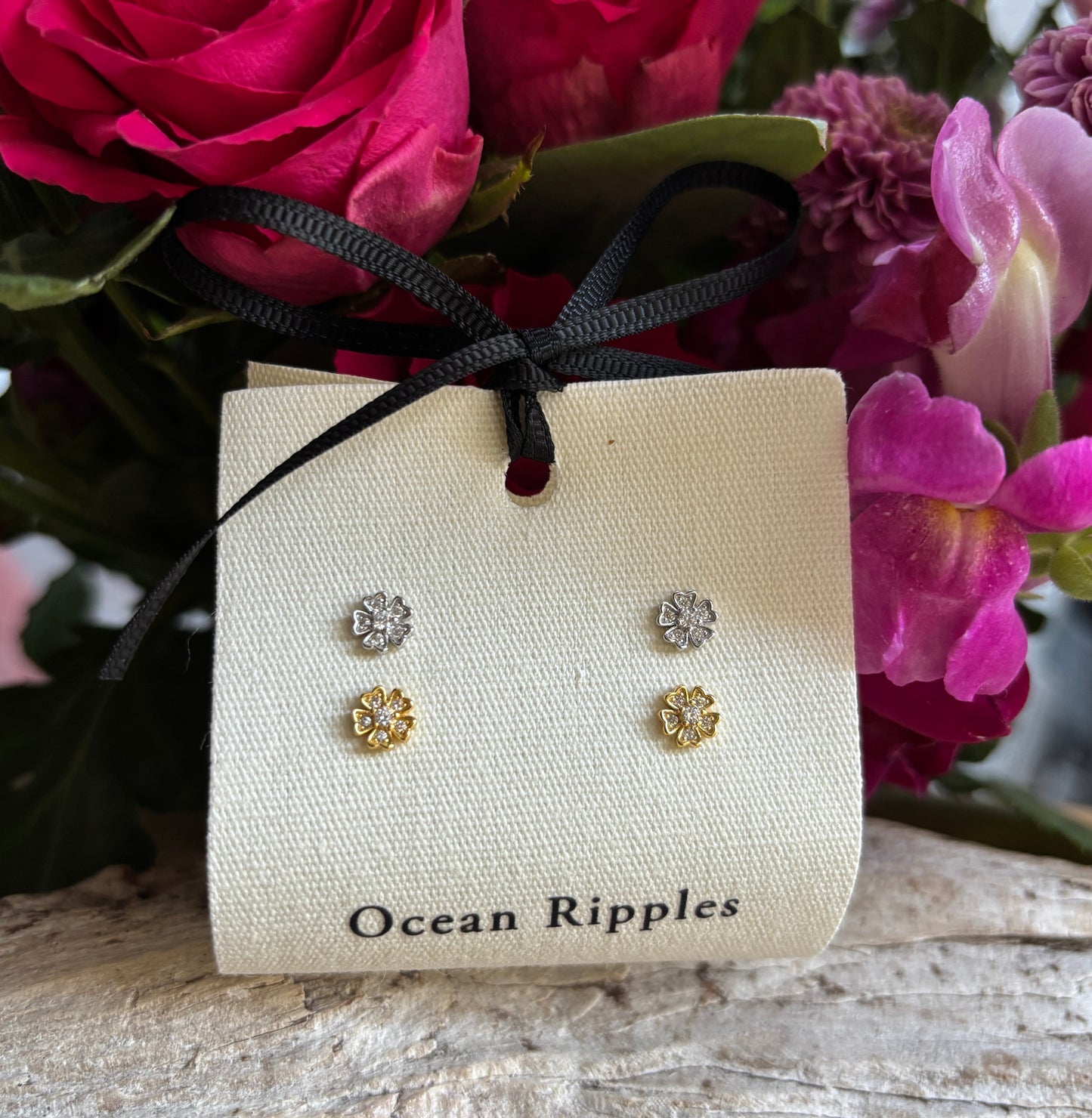 18ct Gold Plated Vermeil Cubic Zirconia Flower Stud Earrings