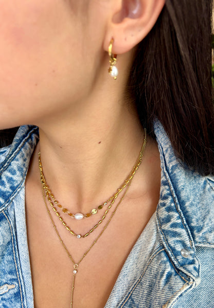 18ct Gold Plated Fresh Water Pearl Triple Chain Necklace